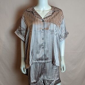 PrettyLittleThing Pink and Gray Striped Satin Shorts Pajama Set size 18
